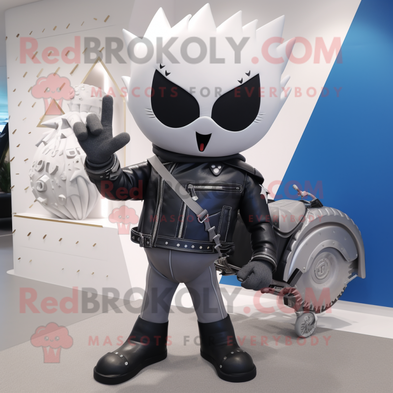 Silver Ray mascot costume character dressed with a Biker Jacket and Handbags Silver Ray mascot costume character dressed with a Biker Jacket and Handbags