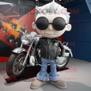 Silver Ray mascot costume character dressed with a Biker Jacket and Handbags