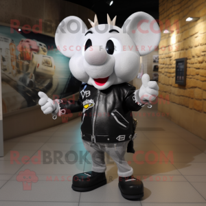 Silver Ray mascot costume character dressed with a Biker Jacket and Handbags