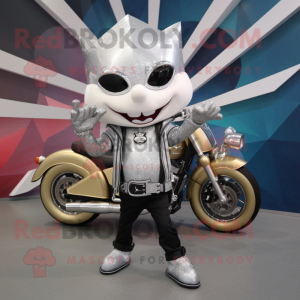 Silver Ray mascot costume character dressed with a Biker Jacket and Handbags