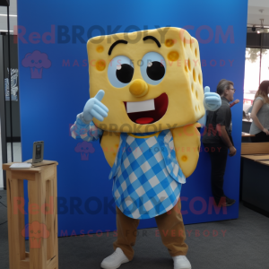 Blue Grilled Cheese Sandwich mascot costume character dressed with a Flannel Shirt and Necklaces
