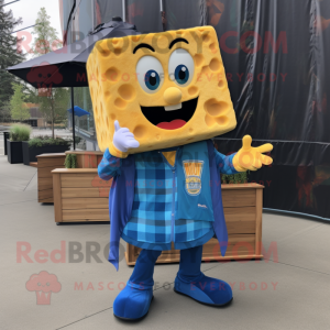 Blue Grilled Cheese Sandwich mascot costume character dressed with a Flannel Shirt and Necklaces