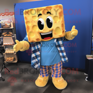 Blue Grilled Cheese Sandwich mascot costume character dressed with a Flannel Shirt and Necklaces