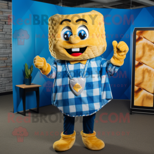 Blue Grilled Cheese Sandwich mascot costume character dressed with a Flannel Shirt and Necklaces