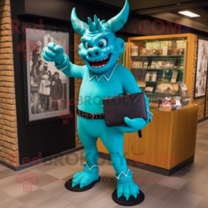 Turquoise Devil mascot costume character dressed with a Sheath Dress and Briefcases