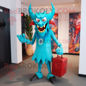 Turquoise Devil mascot costume character dressed with a Sheath Dress and Briefcases