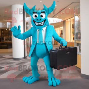 Turquoise Devil mascot costume character dressed with a Sheath Dress and Briefcases
