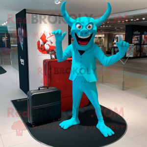 Turquoise Devil mascot costume character dressed with a Sheath Dress and Briefcases