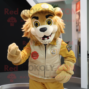 Gold Tamer Lion mascot costume character dressed with a Overalls and Mittens