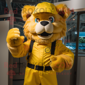 Gold Tamer Lion mascot costume character dressed with a Overalls and Mittens