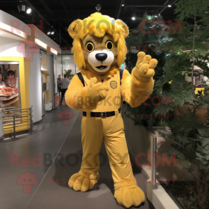 Gold Tamer Lion mascot costume character dressed with a Overalls and Mittens