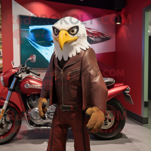 Maroon Bald Eagle mascot costume character dressed with a Moto Jacket and Shawls