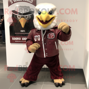 Maroon Bald Eagle mascot costume character dressed with a Moto Jacket and Shawls
