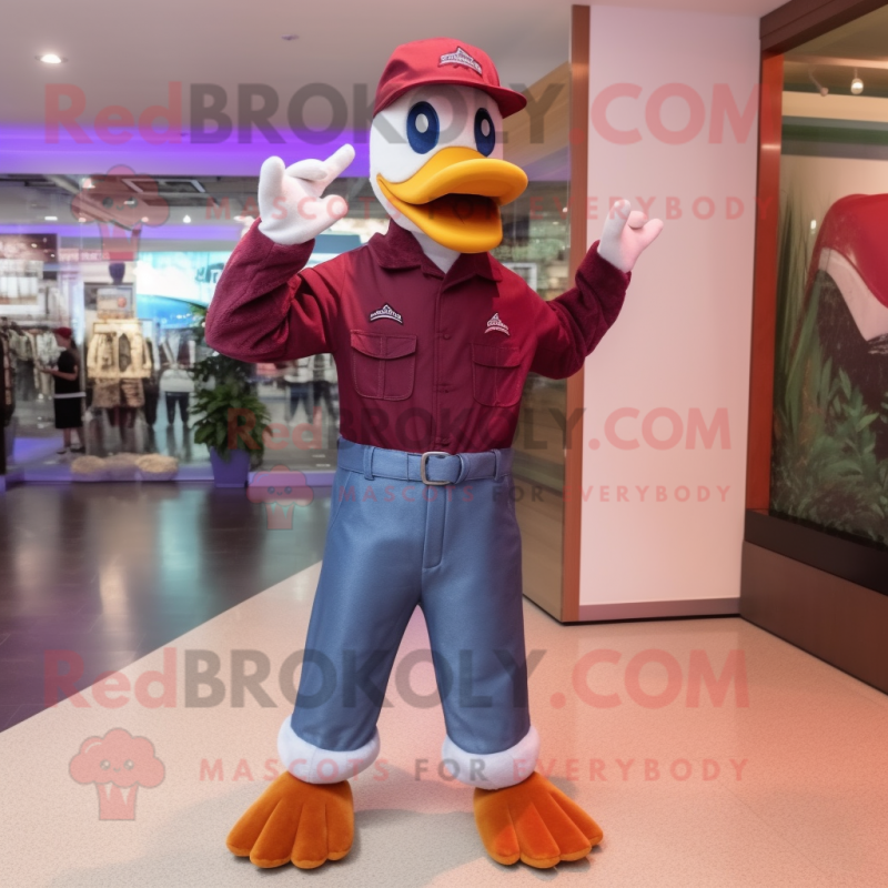 Maroon Goose mascot costume character dressed with a Mom Jeans and Hat pins Maroon Goose mascot costume character dressed with a Mom Jeans and Hat pins