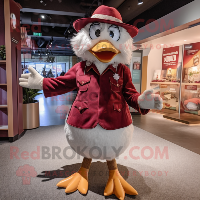 Maroon Goose mascot costume character dressed with a Mom Jeans and Hat pins Maroon Goose mascot costume character dressed with a Mom Jeans and Hat pins