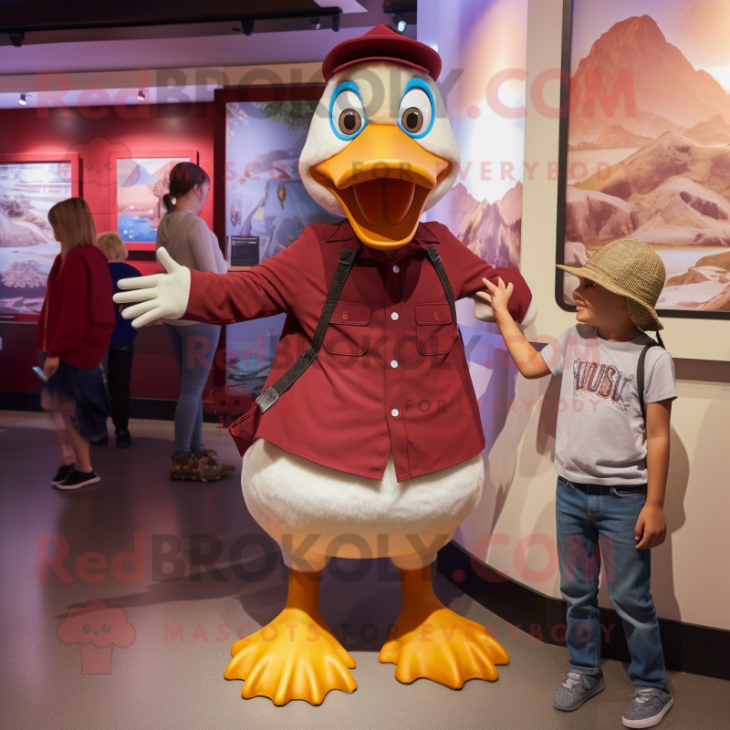 Maroon Goose mascot costume character dressed with a Mom Jeans and Hat pins