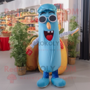 Sky Blue Hot Dogs mascot costume character dressed with a Denim Shirt and Eyeglasses
