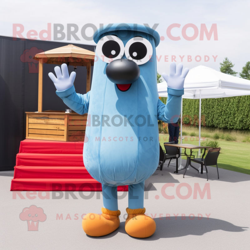 Sky Blue Hot Dogs mascot costume character dressed with a Denim Shirt and Eyeglasses