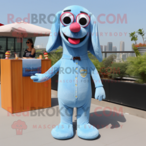 Sky Blue Hot Dogs mascot costume character dressed with a Denim Shirt and Eyeglasses