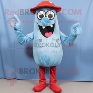 Sky Blue Hot Dogs mascot costume character dressed with a Denim Shirt and Eyeglasses