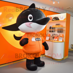 Orange Killer Whale mascot costume character dressed with a Playsuit and Wallets