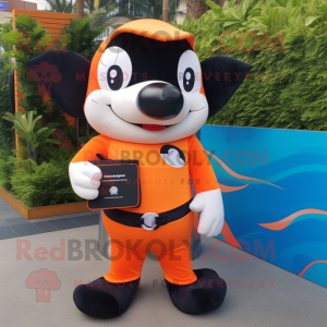 Orange Killer Whale mascot costume character dressed with a Playsuit and Wallets