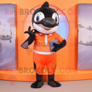 Orange Killer Whale mascot costume character dressed with a Playsuit and Wallets