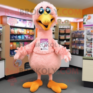 Peach Ostrich mascot costume character dressed with a T-Shirt and Scarf clips