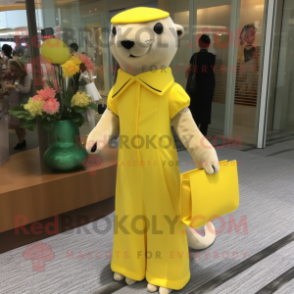 Lemon Yellow Otter mascot costume character dressed with a Empire Waist Dress and Clutch bags