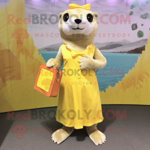 Lemon Yellow Otter mascot costume character dressed with a Empire Waist Dress and Clutch bags