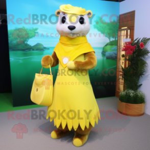 Lemon Yellow Otter mascot costume character dressed with a Empire Waist Dress and Clutch bags