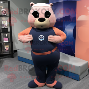 Peach Navy Seal mascot costume character dressed with a Yoga Pants and Mittens