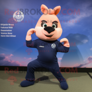 Peach Navy Seal mascot costume character dressed with a Yoga Pants and Mittens