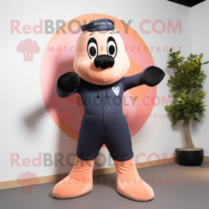 Peach Navy Seal mascot costume character dressed with a Yoga Pants and Mittens