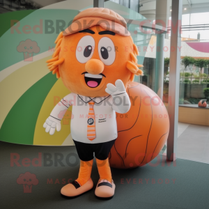 Peach Rugby Ball mascot costume character dressed with a Dress Pants and Rings