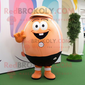 Peach Rugby Ball mascot costume character dressed with a Dress Pants and Rings