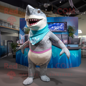 Silver Megalodon mascot costume character dressed with a Bikini and Scarves