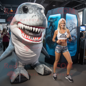 Silver Megalodon mascot costume character dressed with a Bikini and Scarves