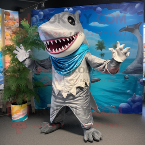 Silver Megalodon mascot costume character dressed with a Bikini and Scarves