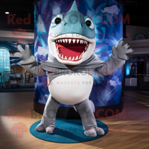 Silver Megalodon mascot costume character dressed with a Bikini and Scarves