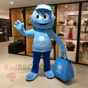 Sky Blue Engagement Ring mascot costume character dressed with a Polo Tee and Tote bags