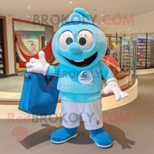 Sky Blue Engagement Ring mascot costume character dressed with a Polo Tee and Tote bags