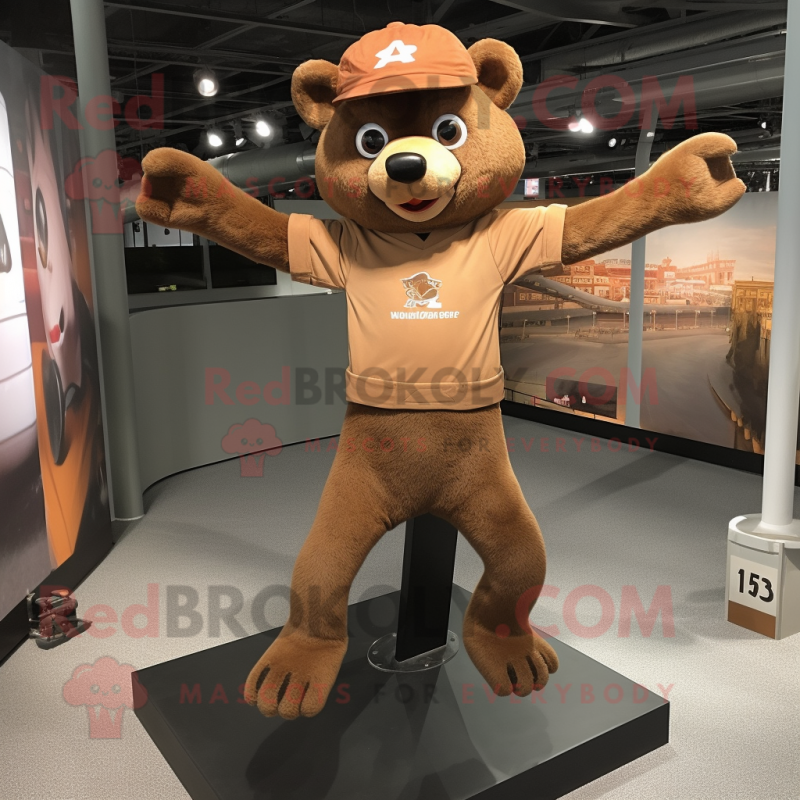 Brown Trapeze Artist mascot costume character dressed with a Long Sleeve Tee and Caps