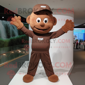 Brown Trapeze Artist mascot costume character dressed with a Long Sleeve Tee and Caps