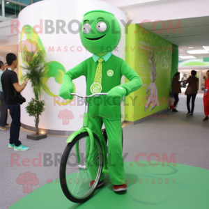 Green Unicyclist mascot costume character dressed with a Jumpsuit and Scarf clips