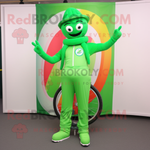 Green Unicyclist mascot costume character dressed with a Jumpsuit and Scarf clips