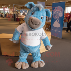 Sky Blue Woolly Rhinoceros mascot costume character dressed with a Henley Tee and Anklets