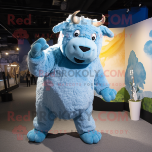 Sky Blue Woolly Rhinoceros mascot costume character dressed with a Henley Tee and Anklets