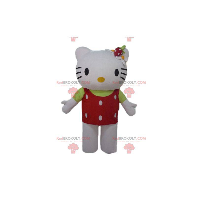 Mascota de Hello Kitty con un top rojo con lunares blancos -