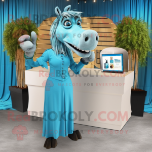 Cyan Quagga mascot costume character dressed with a Cocktail Dress and Rings